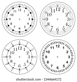Set of clock faces for house, alarm, table, kitchen, wall, wristwatches or special models for kids. Dials for pocket, stop watches, timer or grandfather clock. Logos for the repair shop or service.