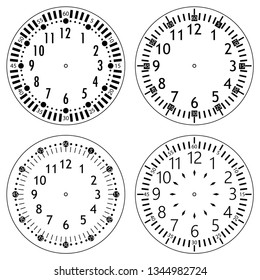 Set of clock faces for house, alarm, table, kitchen, wall, wristwatches or special models for kids. Dials for pocket, stop watches, timer or grandfather clock. Logos for the repair shop or service.