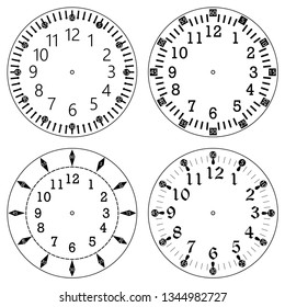 Set of clock faces for house, alarm, table, kitchen, wall, wristwatches or special models for kids. Dials for pocket, stop watches, timer or grandfather clock. Logos for the repair shop or service.