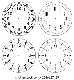 Set of clock faces for house, alarm, table, kitchen, wall, wristwatches or special models for kids. Dials for pocket, stop watches, timer or grandfather clock. Logos for the repair shop or service.
