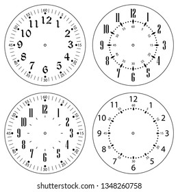 Set of clock faces for house, alarm, table, kitchen, wall, wristwatches or special models for kids. Dials for pocket, stop watches, timer or grandfather clock. Logos for the repair shop or service.