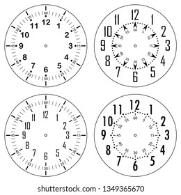 Set of clock faces for house, alarm, table, kitchen, wall, wristwatches or special models for kids. Dials for pocket, stop watches, timer or grandfather clock. Logos for the repair shop or service.