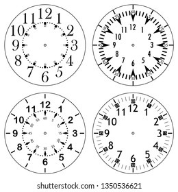 Set of clock faces for house, alarm, table, kitchen, wall, wristwatches or special models for kids. Dials for pocket, stop watches, timer or grandfather clock. Logos for the repair shop or service.