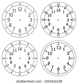 Set of clock faces for house, alarm, table, kitchen, wall, wristwatches or special models for kids. Dials for pocket, stop watches, timer or grandfather clock. Logos for the repair shop or service.