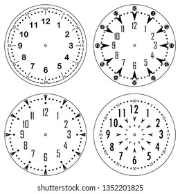 Set of clock faces for house, alarm, table, kitchen, wall, wristwatches or special models for kids. Dials for pocket, stop watches, timer or grandfather clock. Logos for the repair shop or service.