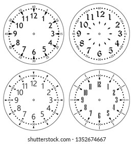 Set of clock faces for house, alarm, table, kitchen, wall, wristwatches or special models for kids. Dials for pocket, stop watches, timer or grandfather clock. Logos for the repair shop or service.