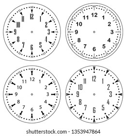 Set of clock faces for house, alarm, table, kitchen, wall, wristwatches or special models for kids. Dials for pocket, stop watches, timer or grandfather clock. Logos for the repair shop or service.