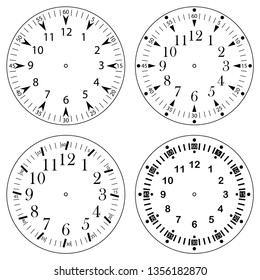Set of clock faces for house, alarm, table, kitchen, wall, wristwatches or special models for kids. Dials for pocket, stop watches, timer or grandfather clock. Logos for the repair shop or service.