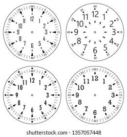 Set of clock faces for house, alarm, table, kitchen, wall, wristwatches or special models for kids. Dials for pocket, stop watches, timer or grandfather clock. Logos for the repair shop or service.