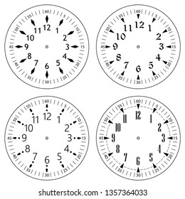 Set of clock faces for house, alarm, table, kitchen, wall, wristwatches or special models for kids. Dials for pocket, stop watches, timer or grandfather clock. Logos for the repair shop or service.