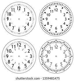 Set of clock faces for house, alarm, table, kitchen, wall, wristwatches or special models for kids. Dials for pocket, stop watches, timer or grandfather clock. Logos for the repair shop or service.