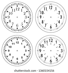 Set of clock faces for house, alarm, table, kitchen, wall, wristwatches or special models for kids. Dials for pocket, stop watches, timer or grandfather clock. Logos for the repair shop or service.