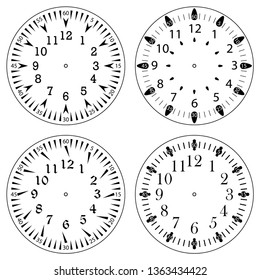 Set of clock faces for house, alarm, table, kitchen, wall, wristwatches or special models for kids. Dials for pocket, stop watches, timer or grandfather clock. Logos for the repair shop or service.