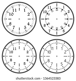 Set of clock faces for house, alarm, table, kitchen, wall, wristwatches or special models for kids. Dials for pocket, stop watches, timer or grandfather clock. Logos for the repair shop or service.
