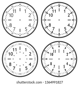 Set of clock faces for house, alarm, table, kitchen, wall, wristwatches or special models for kids. Dials for pocket, stop watches, timer or grandfather clock. Logos for the repair shop or service.