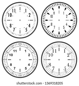 Set of clock faces for house, alarm, table, kitchen, wall, wristwatches or special models for kids. Dials for pocket, stop watches, timer or grandfather clock. Logos for the repair shop or service.