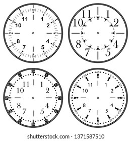 Set of clock faces for house, alarm, table, kitchen, wall, wristwatches or special models for kids. Dials for pocket, stop watches, timer or grandfather clock. Logos for the repair shop or service.