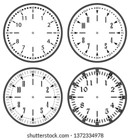 Set of clock faces for house, alarm, table, kitchen, wall, wristwatches or special models for kids. Dials for pocket, stop watches, timer or grandfather clock. Logos for the repair shop or service.