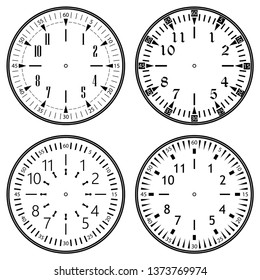 Set of clock faces for house, alarm, table, kitchen, wall, wristwatches or special models for kids. Dials for pocket, stop watches, timer or grandfather clock. Logos for the repair shop or service.