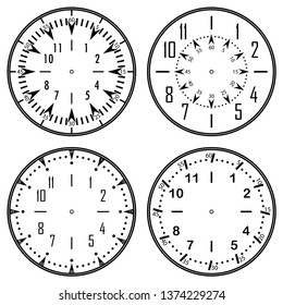 Set of clock faces for house, alarm, table, kitchen, wall, wristwatches or special models for kids. Dials for pocket, stop watches, timer or grandfather clock. Logos for the repair shop or service.