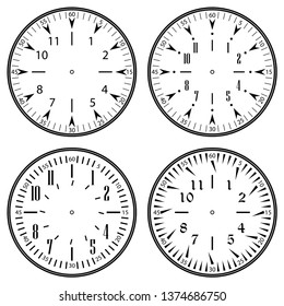 Set of clock faces for house, alarm, table, kitchen, wall, wristwatches or special models for kids. Dials for pocket, stop watches, timer or grandfather clock. Logos for the repair shop or service.