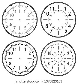 Set of clock faces for house, alarm, table, kitchen, wall, wristwatches or special models for kids. Dials for pocket, stop watches, timer or grandfather clock. Logos for the repair shop or service.