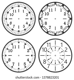 Set of clock faces for house, alarm, table, kitchen, wall, wristwatches or special models for kids. Dials for pocket, stop watches, timer or grandfather clock. Logos for the repair shop or service.