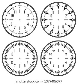 Set of clock faces for house, alarm, table, kitchen, wall, wristwatches or special models for kids. Dials for pocket, stop watches, timer or grandfather clock. Logos for the repair shop or service.