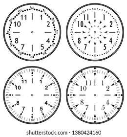 Set of clock faces for house, alarm, table, kitchen, wall, wristwatches or special models for kids. Dials for pocket, stop watches, timer or grandfather clock. Logos for the repair shop or service.