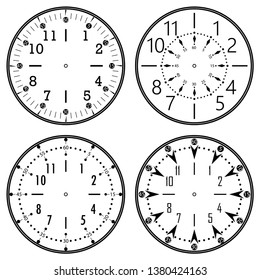 Set of clock faces for house, alarm, table, kitchen, wall, wristwatches or special models for kids. Dials for pocket, stop watches, timer or grandfather clock. Logos for the repair shop or service.