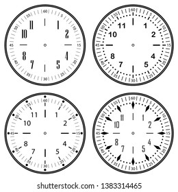 Set of clock faces for house, alarm, table, kitchen, wall, wristwatches or special models for kids. Dials for pocket, stop watches, timer or grandfather clock. Logos for the repair shop or service.