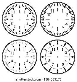 Set of clock faces for house, alarm, table, kitchen, wall, wristwatches or special models for kids. Dials for pocket, stop watches, timer or grandfather clock. Logos for the repair shop or service.