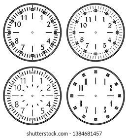 Set of clock faces for house, alarm, table, kitchen, wall, wristwatches or special models for kids. Dials for pocket, stop watches, timer or grandfather clock. Logos for the repair shop or service.