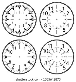 Set of clock faces for house, alarm, table, kitchen, wall, wristwatches or special models for kids. Dials for pocket, stop watches, timer or grandfather clock. Logos for the repair shop or service.
