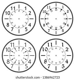 Set of clock faces for house, alarm, table, kitchen, wall, wristwatches or special models for kids. Dials for pocket, stop watches, timer or grandfather clock. Logos for the repair shop or service.