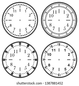 Set of clock faces for house, alarm, table, kitchen, wall, wristwatches or special models for kids. Dials for pocket, stop watches, timer or grandfather clock. Logos for the repair shop or service.