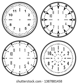 Set of clock faces for house, alarm, table, kitchen, wall, wristwatches or special models for kids. Dials for pocket, stop watches, timer or grandfather clock. Logos for the repair shop or service.