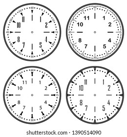 Set of clock faces for house, alarm, table, kitchen, wall, wristwatches or special models for kids. Dials for pocket, stop watches, timer or grandfather clock. Logos for the repair shop or service.