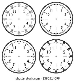 Set of clock faces for house, alarm, table, kitchen, wall, wristwatches or special models for kids. Dials for pocket, stop watches, timer or grandfather clock. Logos for the repair shop or service.