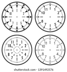 Set of clock faces for house, alarm, table, kitchen, wall, wristwatches or special models for kids. Dials for pocket, stop watches, timer or grandfather clock. Logos for the repair shop or service.