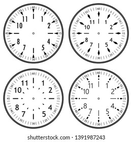 Set of clock faces for house, alarm, table, kitchen, wall, wristwatches or special models for kids. Dials for pocket, stop watches, timer or grandfather clock. Logos for the repair shop or service.
