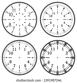 Set of clock faces for house, alarm, table, kitchen, wall, wristwatches or special models for kids. Dials for pocket, stop watches, timer or grandfather clock. Logos for the repair shop or service.