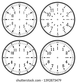 Set of clock faces for house, alarm, table, kitchen, wall, wristwatches or special models for kids. Dials for pocket, stop watches, timer or grandfather clock. Logos for the repair shop or service.