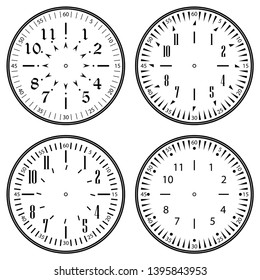 Set of clock faces for house, alarm, table, kitchen, wall, wristwatches or special models for kids. Dials for pocket, stop watches, timer or grandfather clock. Logos for the repair shop or service.