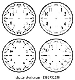 Set of clock faces for house, alarm, table, kitchen, wall, wristwatches or special models for kids. Dials for pocket, stop watches, timer or grandfather clock. Logos for the repair shop or service.