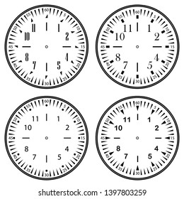 Set of clock faces for house, alarm, table, kitchen, wall, wristwatches or special models for kids. Dials for pocket, stop watches, timer or grandfather clock. Logos for the repair shop or service.
