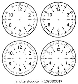 Set of clock faces for house, alarm, table, kitchen, wall, wristwatches or special models for kids. Dials for pocket, stop watches, timer or grandfather clock. Logos for the repair shop or service.