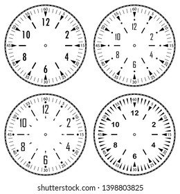 Set of clock faces for house, alarm, table, kitchen, wall, wristwatches or special models for kids. Dials for pocket, stop watches, timer or grandfather clock. Logos for the repair shop or service.