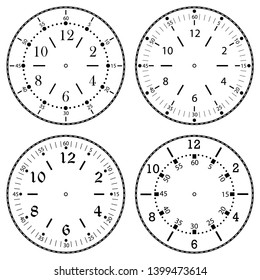 Set of clock faces for house, alarm, table, kitchen, wall, wristwatches or special models for kids. Dials for pocket, stop watches, timer or grandfather clock. Logos for the repair shop or service.