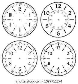 Set of clock faces for house, alarm, table, kitchen, wall, wristwatches or special models for kids. Dials for pocket, stop watches, timer or grandfather clock. Logos for the repair shop or service.